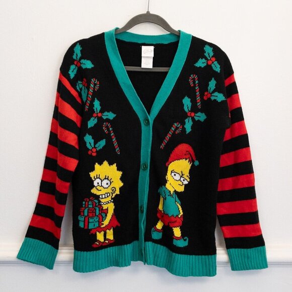 Sweaters - The Simpsons Christmas Sweater Cardigan Lisa Bart Striped Ugly Holiday Knit